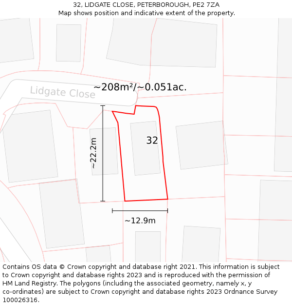 32, LIDGATE CLOSE, PETERBOROUGH, PE2 7ZA: Plot and title map