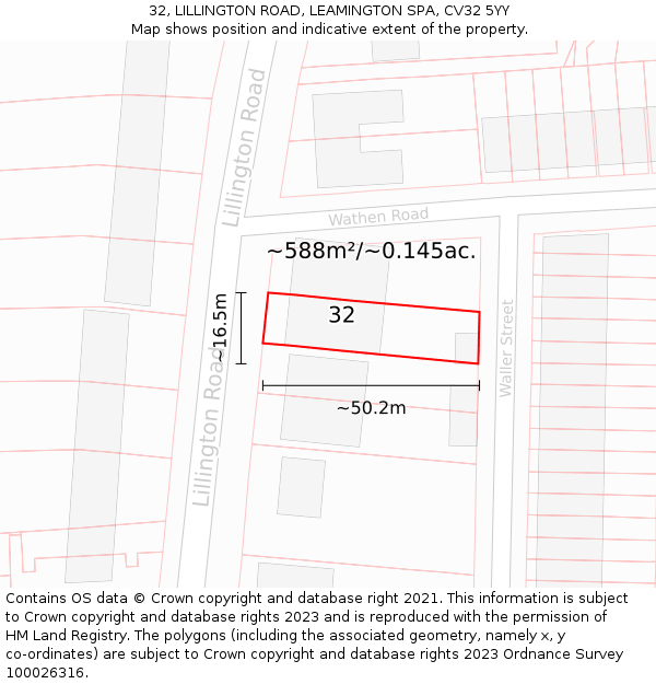 32, LILLINGTON ROAD, LEAMINGTON SPA, CV32 5YY: Plot and title map