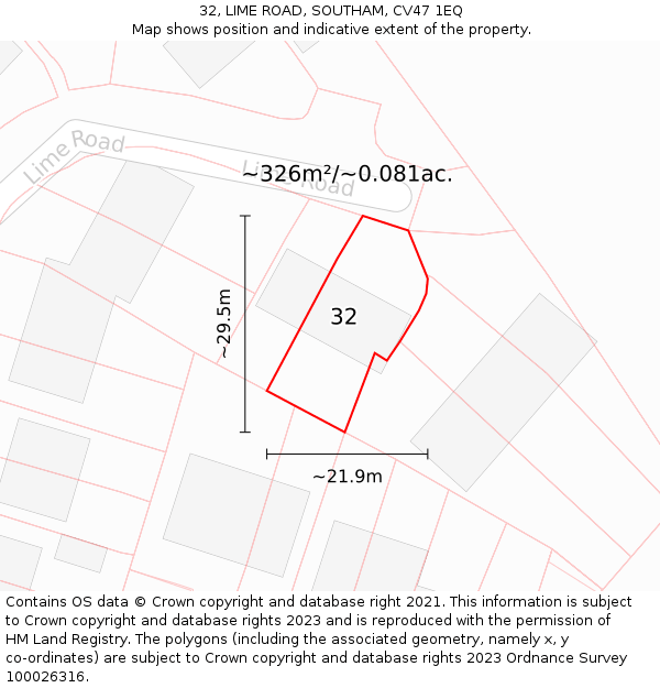 32, LIME ROAD, SOUTHAM, CV47 1EQ: Plot and title map