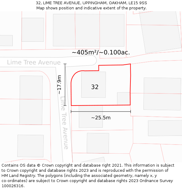 32, LIME TREE AVENUE, UPPINGHAM, OAKHAM, LE15 9SS: Plot and title map