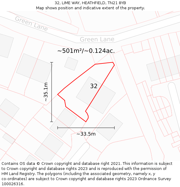 32, LIME WAY, HEATHFIELD, TN21 8YB: Plot and title map