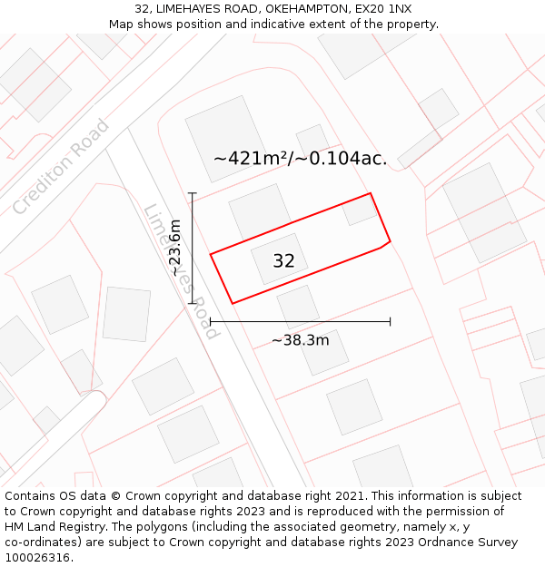 32, LIMEHAYES ROAD, OKEHAMPTON, EX20 1NX: Plot and title map