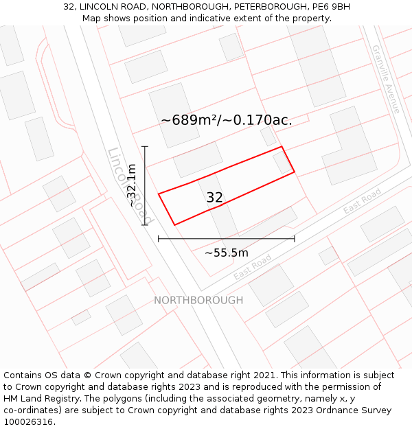 32, LINCOLN ROAD, NORTHBOROUGH, PETERBOROUGH, PE6 9BH: Plot and title map