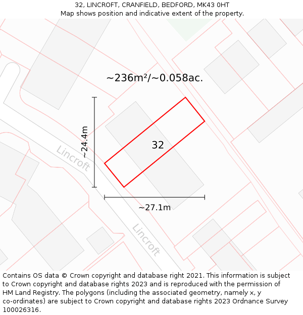 32, LINCROFT, CRANFIELD, BEDFORD, MK43 0HT: Plot and title map