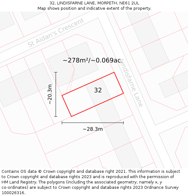 32, LINDISFARNE LANE, MORPETH, NE61 2UL: Plot and title map