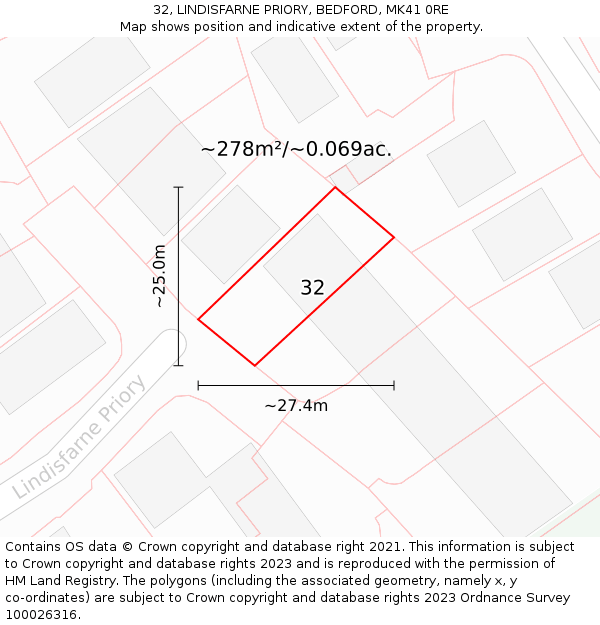 32, LINDISFARNE PRIORY, BEDFORD, MK41 0RE: Plot and title map