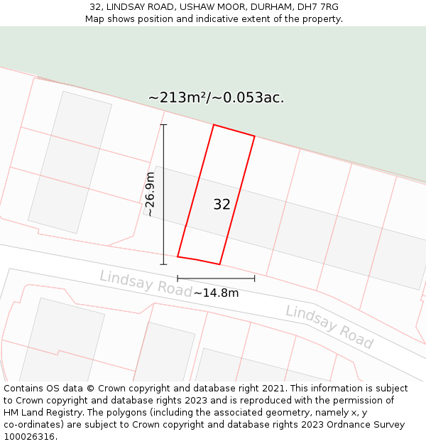 32, LINDSAY ROAD, USHAW MOOR, DURHAM, DH7 7RG: Plot and title map