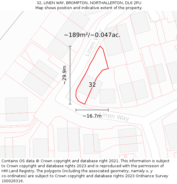 32, LINEN WAY, BROMPTON, NORTHALLERTON, DL6 2PU: Plot and title map