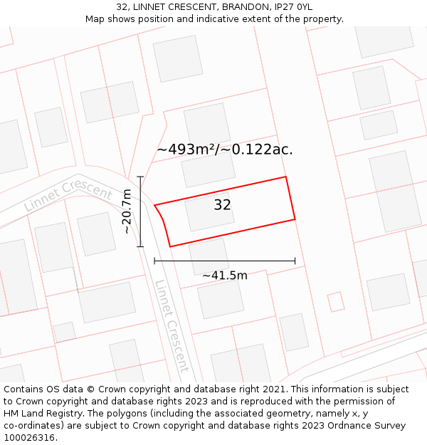 32, LINNET CRESCENT, BRANDON, IP27 0YL: Plot and title map