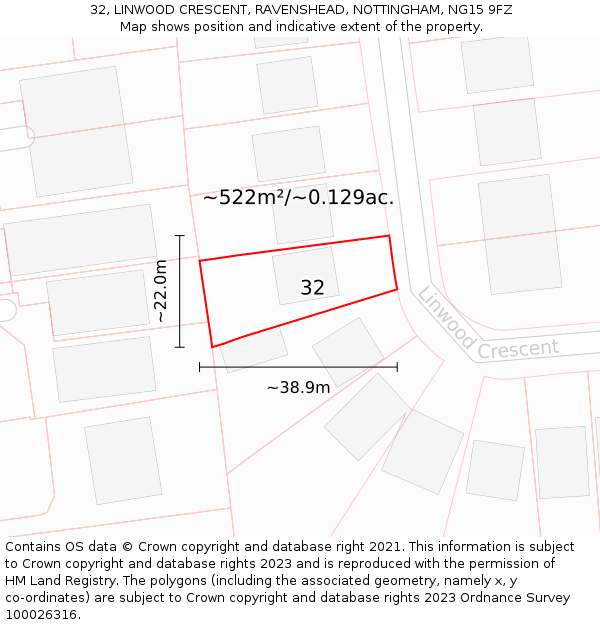 32, LINWOOD CRESCENT, RAVENSHEAD, NOTTINGHAM, NG15 9FZ: Plot and title map