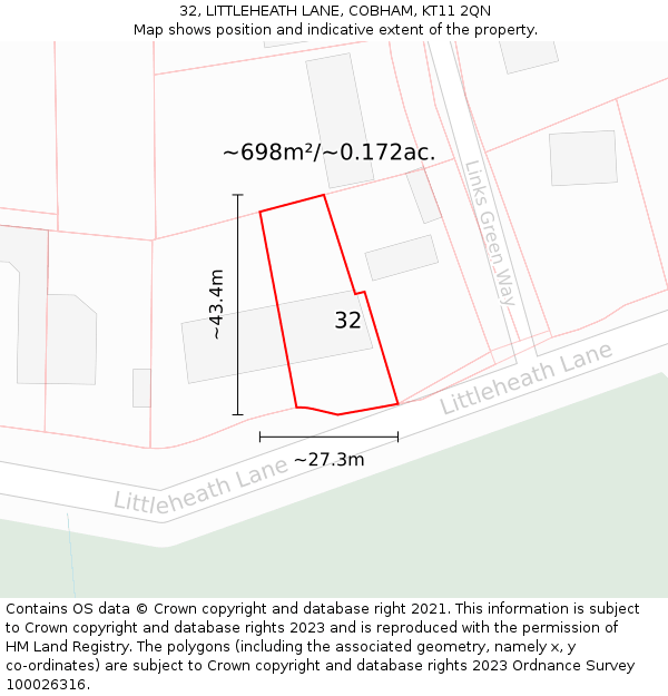 32, LITTLEHEATH LANE, COBHAM, KT11 2QN: Plot and title map