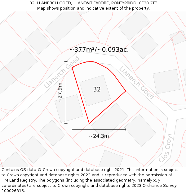 32, LLANERCH GOED, LLANTWIT FARDRE, PONTYPRIDD, CF38 2TB: Plot and title map