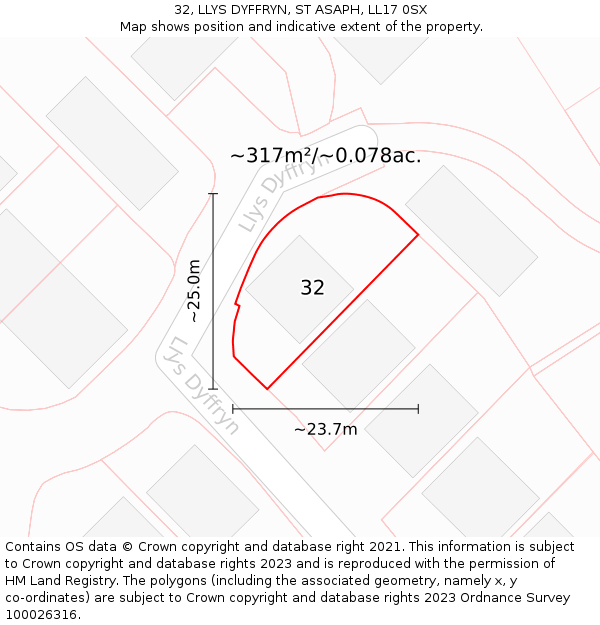 32, LLYS DYFFRYN, ST ASAPH, LL17 0SX: Plot and title map