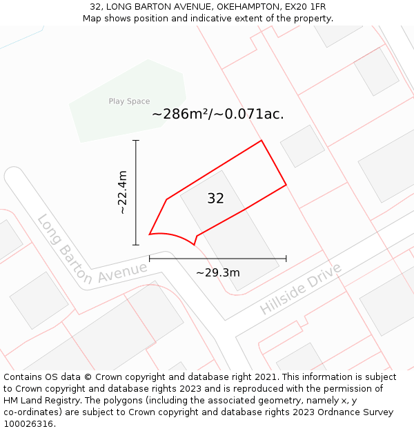 32, LONG BARTON AVENUE, OKEHAMPTON, EX20 1FR: Plot and title map