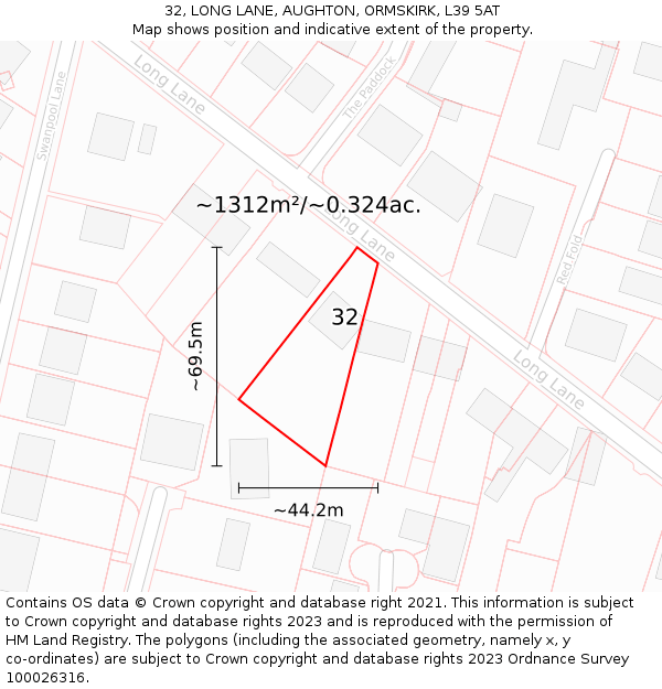 32, LONG LANE, AUGHTON, ORMSKIRK, L39 5AT: Plot and title map
