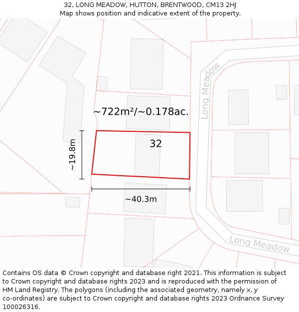 32, LONG MEADOW, HUTTON, BRENTWOOD, CM13 2HJ: Plot and title map