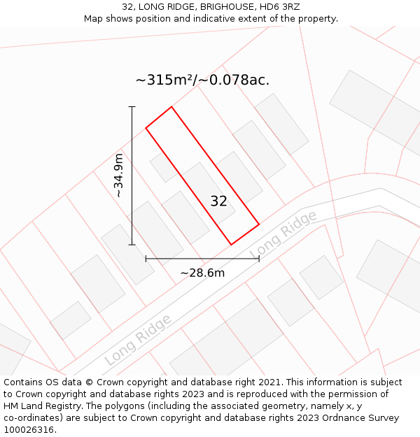 32, LONG RIDGE, BRIGHOUSE, HD6 3RZ: Plot and title map