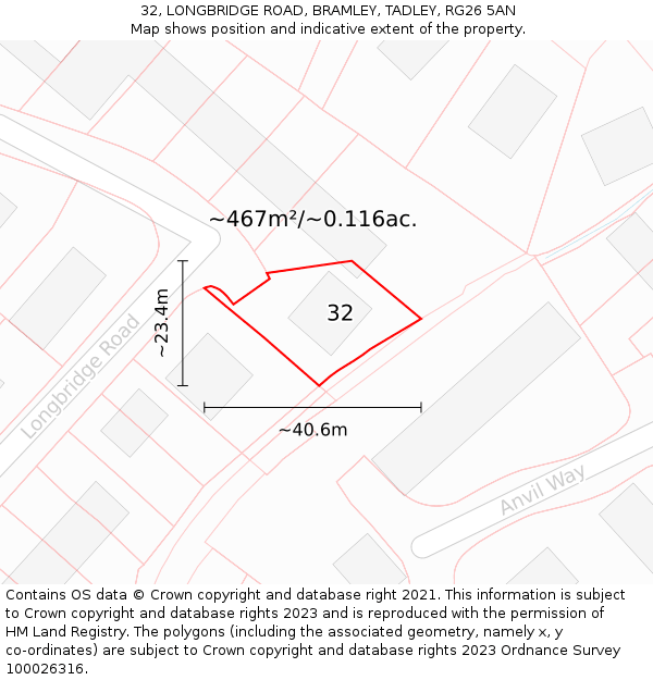 32, LONGBRIDGE ROAD, BRAMLEY, TADLEY, RG26 5AN: Plot and title map