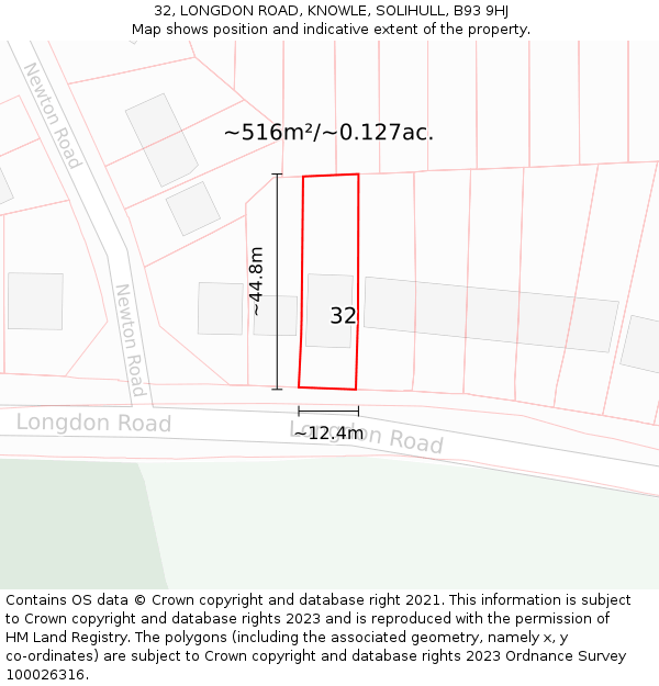 32, LONGDON ROAD, KNOWLE, SOLIHULL, B93 9HJ: Plot and title map
