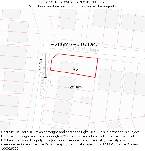 32, LONGFIELD ROAD, WICKFORD, SS11 8PU: Plot and title map