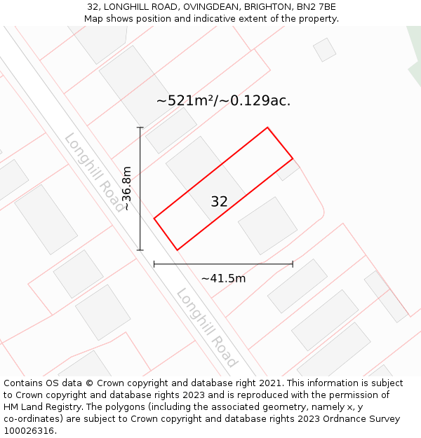 32, LONGHILL ROAD, OVINGDEAN, BRIGHTON, BN2 7BE: Plot and title map