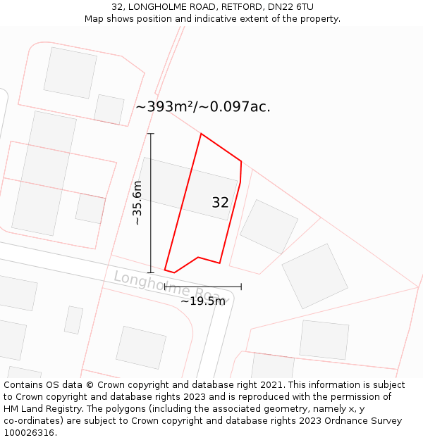 32, LONGHOLME ROAD, RETFORD, DN22 6TU: Plot and title map