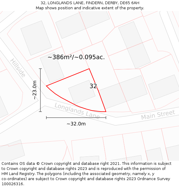 32, LONGLANDS LANE, FINDERN, DERBY, DE65 6AH: Plot and title map