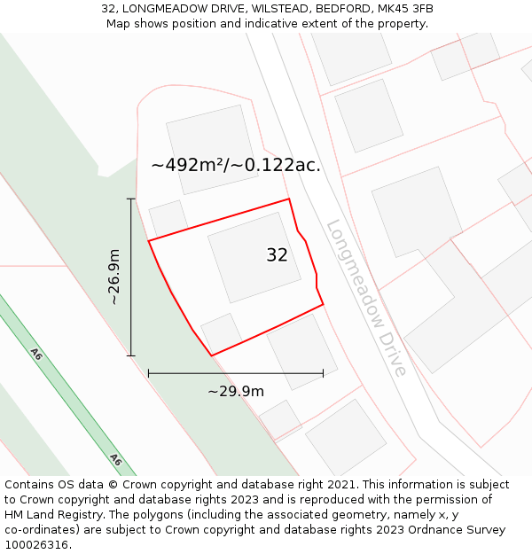 32, LONGMEADOW DRIVE, WILSTEAD, BEDFORD, MK45 3FB: Plot and title map