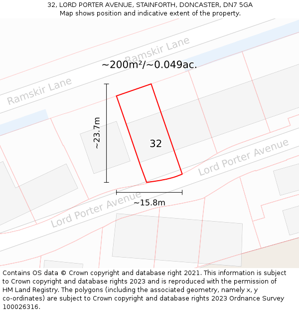 32, LORD PORTER AVENUE, STAINFORTH, DONCASTER, DN7 5GA: Plot and title map