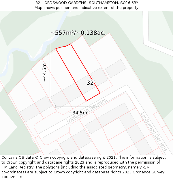 32, LORDSWOOD GARDENS, SOUTHAMPTON, SO16 6RY: Plot and title map