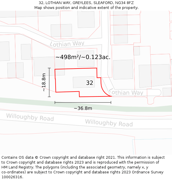 32, LOTHIAN WAY, GREYLEES, SLEAFORD, NG34 8FZ: Plot and title map