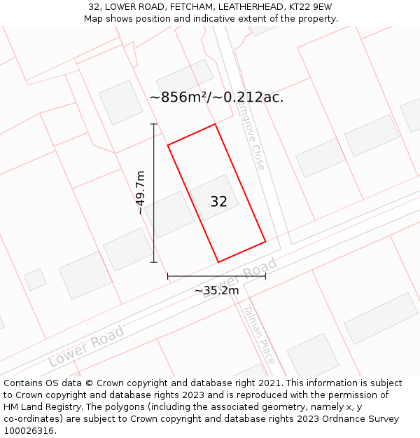 32, LOWER ROAD, FETCHAM, LEATHERHEAD, KT22 9EW: Plot and title map