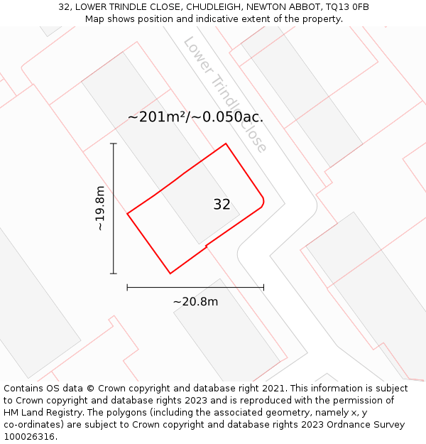 32, LOWER TRINDLE CLOSE, CHUDLEIGH, NEWTON ABBOT, TQ13 0FB: Plot and title map