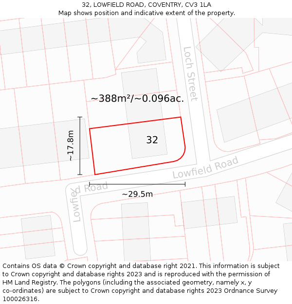 32, LOWFIELD ROAD, COVENTRY, CV3 1LA: Plot and title map