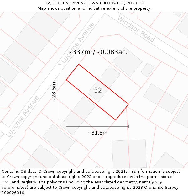 32, LUCERNE AVENUE, WATERLOOVILLE, PO7 6BB: Plot and title map