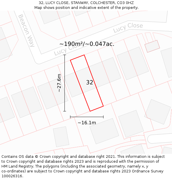 32, LUCY CLOSE, STANWAY, COLCHESTER, CO3 0HZ: Plot and title map