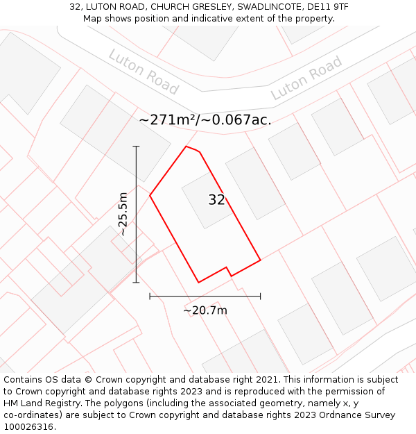 32, LUTON ROAD, CHURCH GRESLEY, SWADLINCOTE, DE11 9TF: Plot and title map
