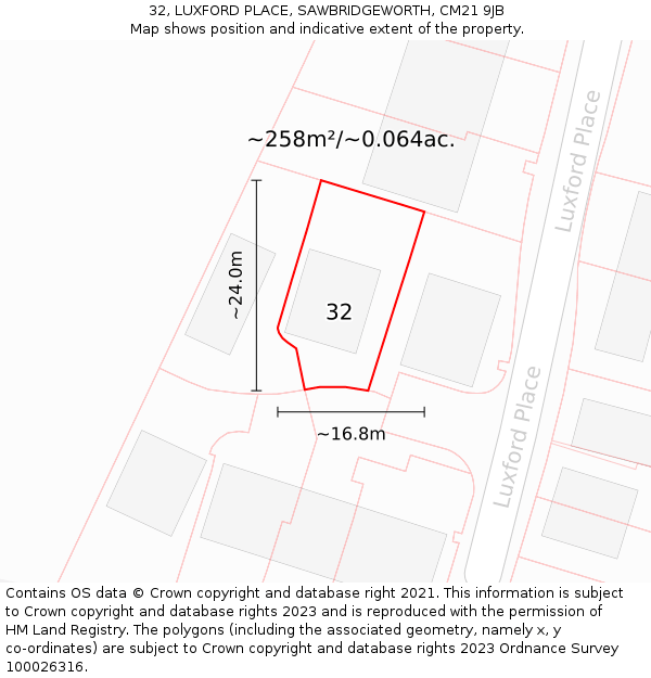 32, LUXFORD PLACE, SAWBRIDGEWORTH, CM21 9JB: Plot and title map