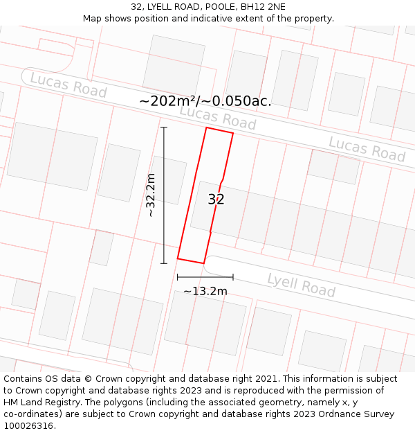 32, LYELL ROAD, POOLE, BH12 2NE: Plot and title map