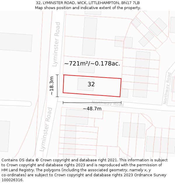 32, LYMINSTER ROAD, WICK, LITTLEHAMPTON, BN17 7LB: Plot and title map