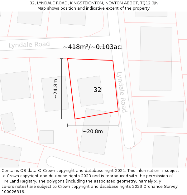 32, LYNDALE ROAD, KINGSTEIGNTON, NEWTON ABBOT, TQ12 3JN: Plot and title map