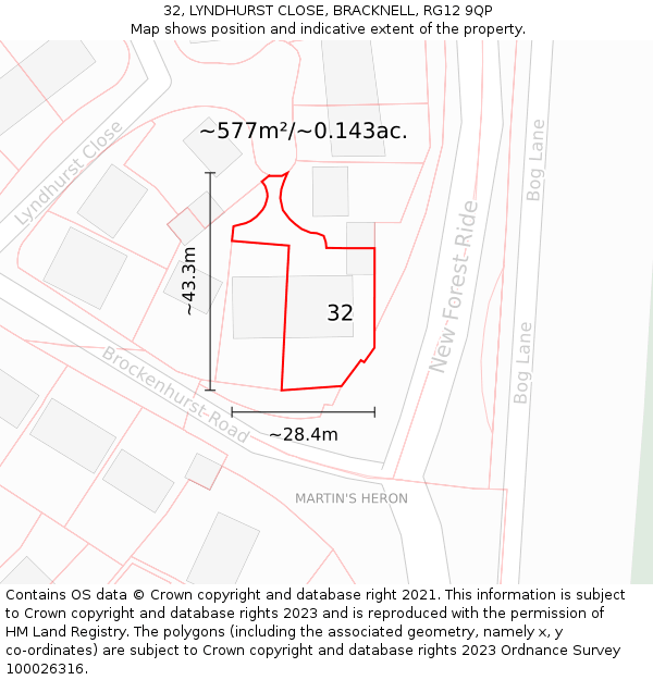 32, LYNDHURST CLOSE, BRACKNELL, RG12 9QP: Plot and title map
