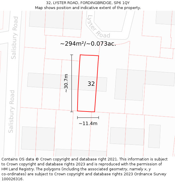32, LYSTER ROAD, FORDINGBRIDGE, SP6 1QY: Plot and title map