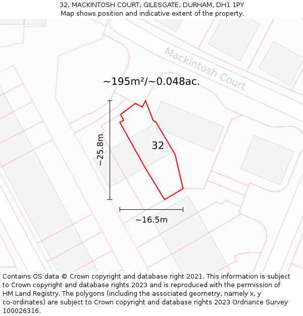 32, MACKINTOSH COURT, GILESGATE, DURHAM, DH1 1PY: Plot and title map