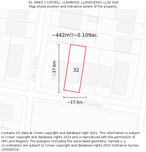 32, MAES Y CASTELL, LLANRHOS, LLANDUDNO, LL30 1NG: Plot and title map