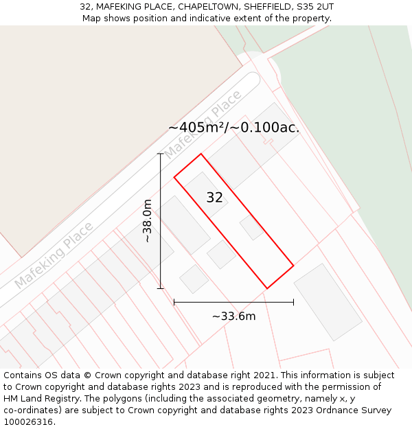 32, MAFEKING PLACE, CHAPELTOWN, SHEFFIELD, S35 2UT: Plot and title map