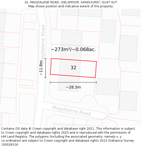 32, MAGDALENE ROAD, OWLSMOOR, SANDHURST, GU47 0UT: Plot and title map