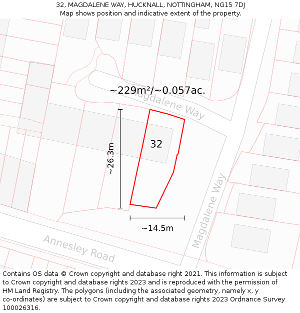 32, MAGDALENE WAY, HUCKNALL, NOTTINGHAM, NG15 7DJ: Plot and title map