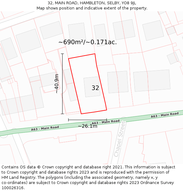 32, MAIN ROAD, HAMBLETON, SELBY, YO8 9JL: Plot and title map
