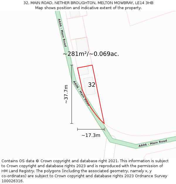 32, MAIN ROAD, NETHER BROUGHTON, MELTON MOWBRAY, LE14 3HB: Plot and title map